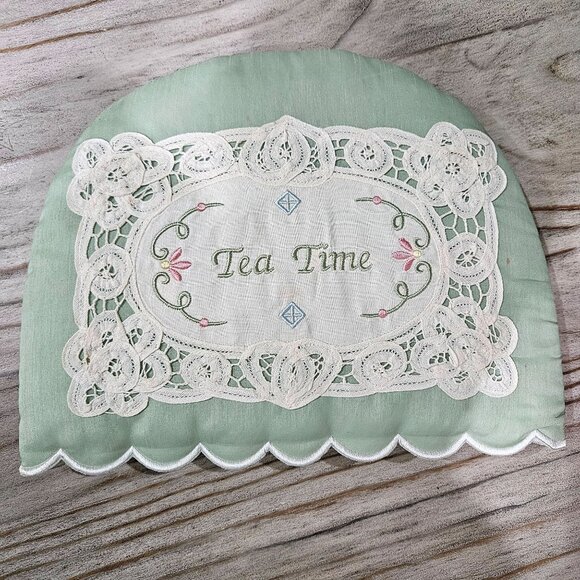 Vintage Tea Cozy Embroidered Lace Green Fabric "Tea Time" From 2003 - Picture 1 of 9
